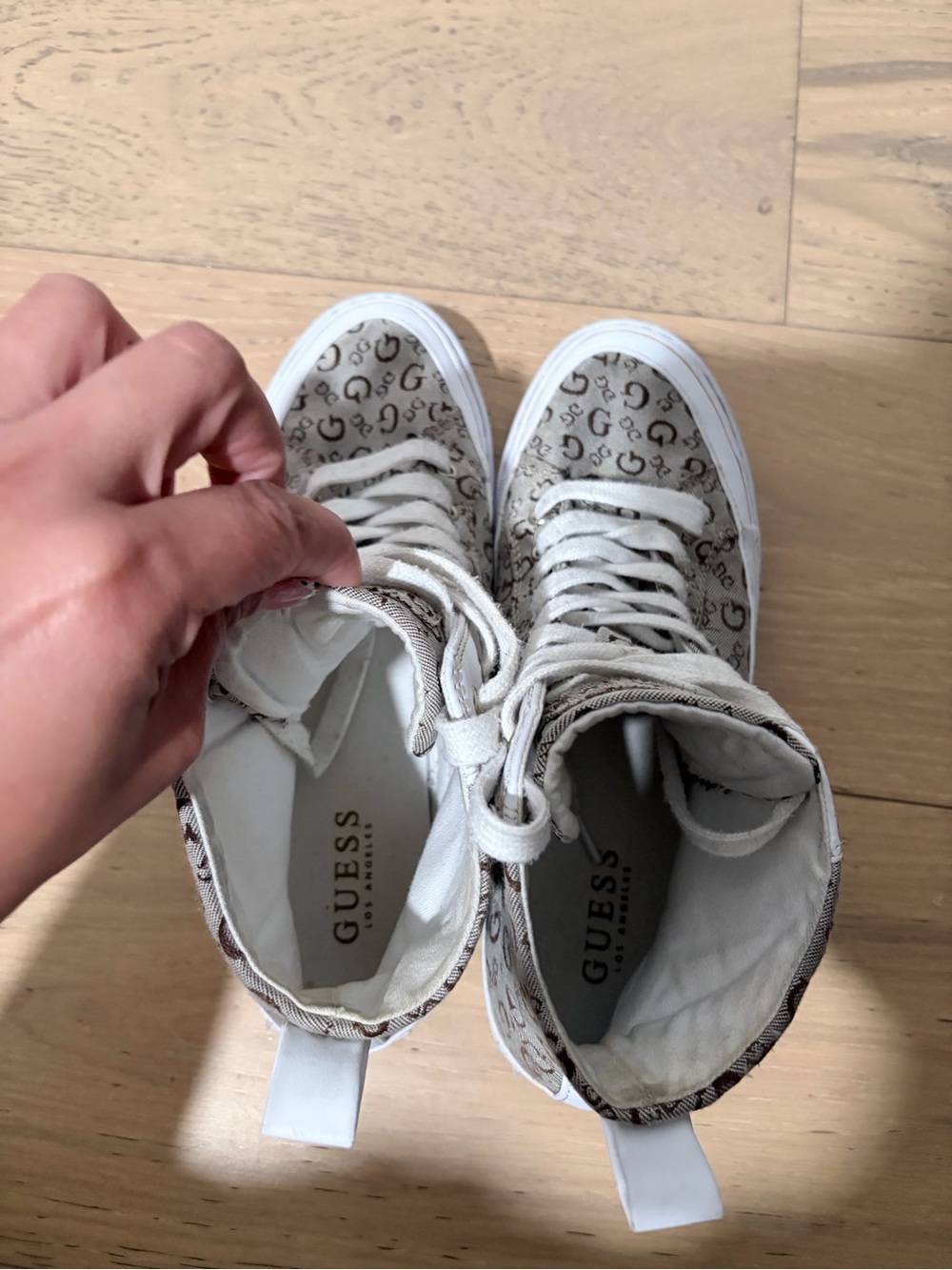 Guess Monogram High-Top Sneakers in Beige and White - Picture 5 of 5